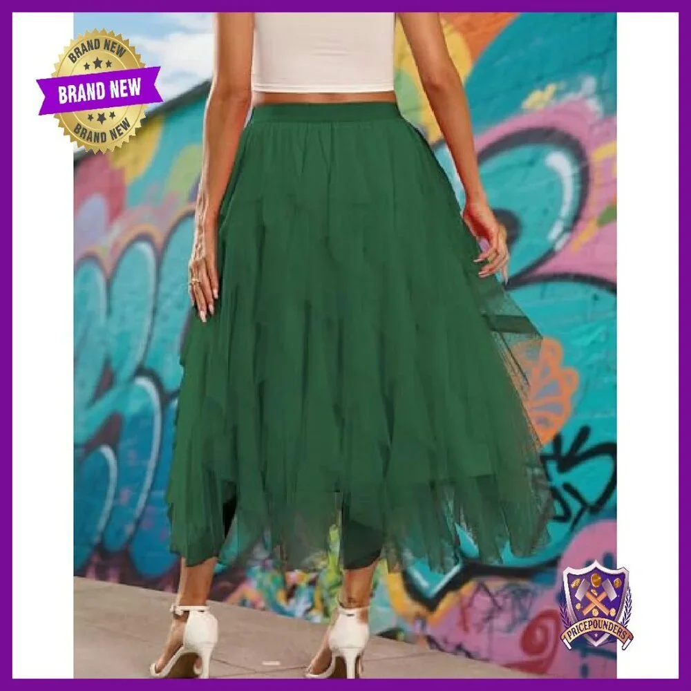 Women's Tulle A-Line Skirt Midi Length Elastic Waist Fairy Tiered - Picture 7 of 8